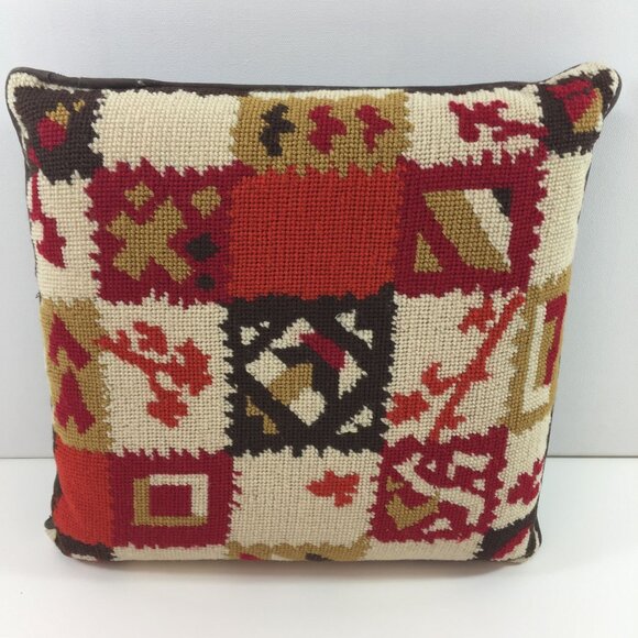 Vintage Handmade Needlepoint Pillow Home Decor Brown Yellow Orange Floral 13" - Picture 3 of 7